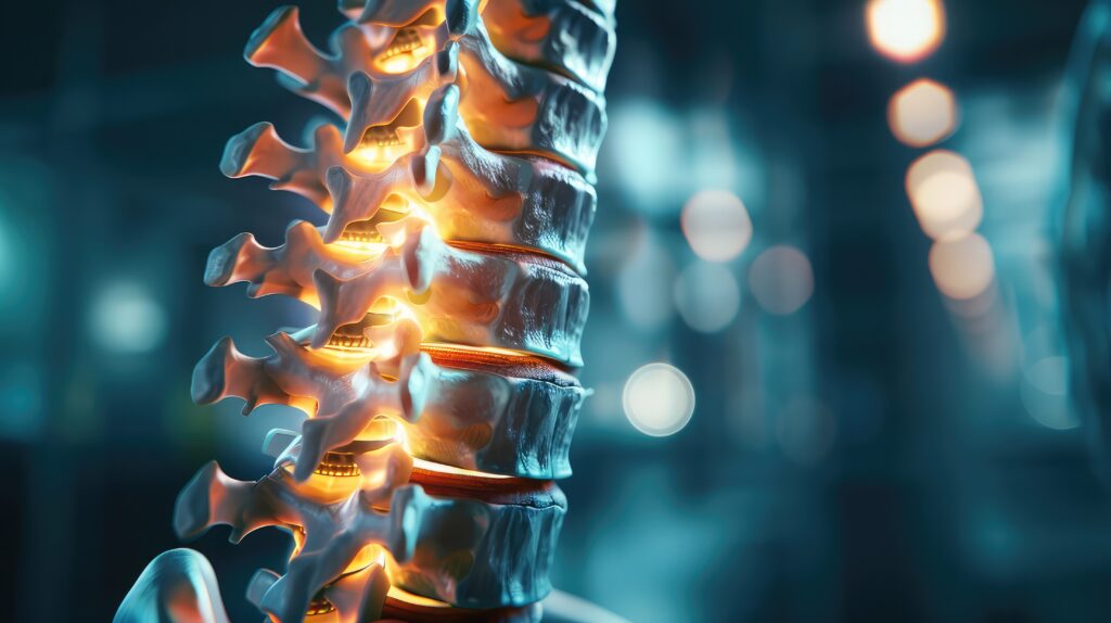 A diagnostic X-ray of the lumbar spine, revealing the vertebrae and intervertebral discs that make up the lower back, supporting the body's weight and facilitating movement.